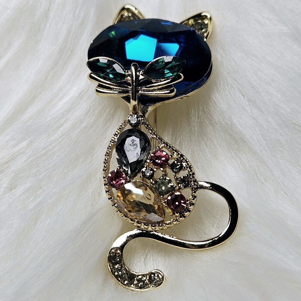 Cat Siluet pin Large Blue faceted Gemstone & Rhinestones 2.5 in Statement Brooch - Picture 10 of 10